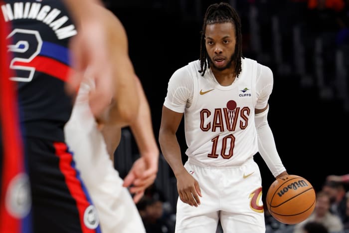 Mar 1, 2024; Detroit, Michigan, USA; Cleveland Cavaliers guard Darius Garland (10) dribbles in the second half against the Detroit Pistons at Little Caesars Arena. Mandatory Credit: Rick Osentoski-USA TODAY Sports